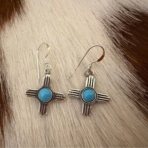 ❤️ Native Signed Turquoise Sterling ZIA Cross Hand Made Navajo Dangle Earrings